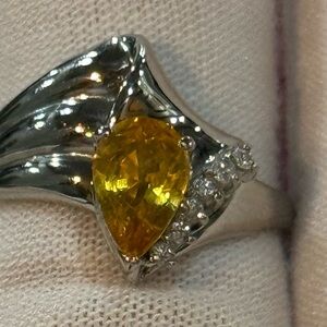 New Platinum Natural Pear Cut Vivid Yellow Sapphire &  Diamond Ring with tags